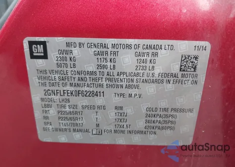 2015 Chevrolet Equinox 1Lt из США, поврежденный, VIN 2GNFLFEK0F6228411